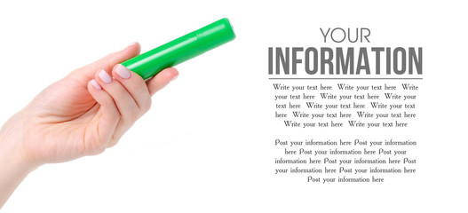 vial marker brilliant green in hand on a white background isolation, space for text
