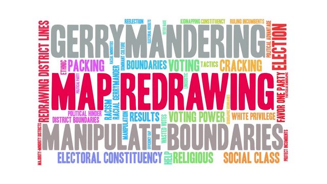 Map Redrawing Animated Word Cloud on a white background. 