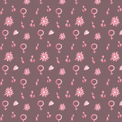 Fototapeta na wymiar Digital illustration of a cute seamless pattern of feminine hygiene items in the menstruation cycle. Menstrual cup laying pad. Print for stickers, icons, packaging isolate on a white background.