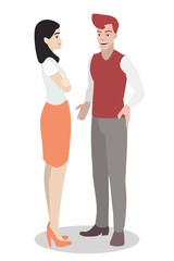 A young white guy is standing and talking with a girl. Ideal for advertising and presentation.