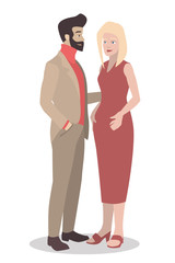 A young white guy touches a pregnant girl by the belly. Ideal for social advertising and presentations.