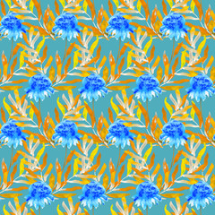Fototapeta na wymiar Seamless pattern with hand-drawn abstract blue flowers, branches and leaves.Pattern for fabric,invitations, wrapping paper, cards and other materials.