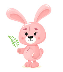 Cute pink bunny with a twig. Vector kids print with cute bunny in cartoon flat style.