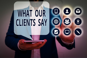 Conceptual hand writing showing What Our Clients Say. Concept meaning testimonials or feedback of aclient about the product