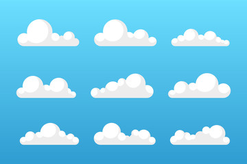 Set of shite sky, clouds. Cloud icon, cloud shape. Set of different clouds. Collection of cloud, shape, label, symbol. Vector illustration.