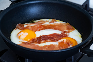 Fried Eggs with Prosciutto in Pan for Breakfast. Ready to Eat.