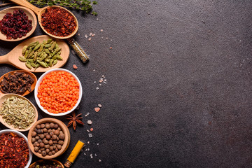 A set of spices and herbs. Indian cuisine. Pepper, salt, paprika, basil and other on a dark background