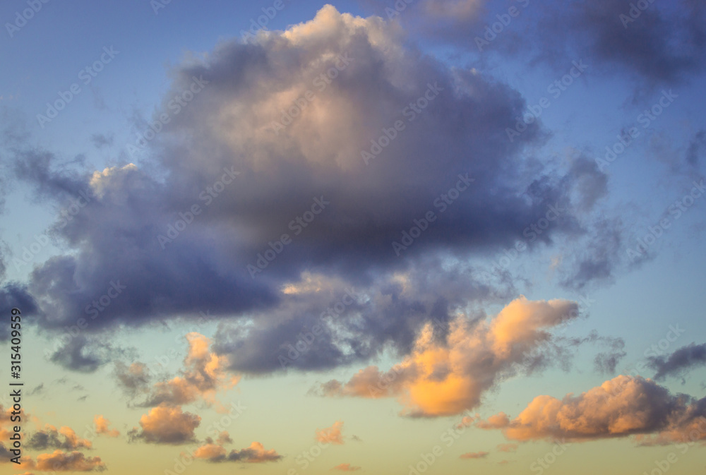 Poster Evening cloudscape over Tyrrhenian Sea on Sicily Island, Italy - view from Zafferano cape