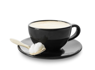 Delicious coffee with organic coconut oil isolated on white