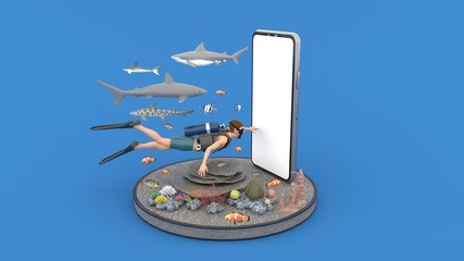 Smartphone white screen with objects in front of, The young man diving and Surrounded by a multitude of fish species and there are rocks, algae, Isolated on blue background, 3D rendering.
