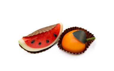  Fresh marzipan fruits isolated on white background