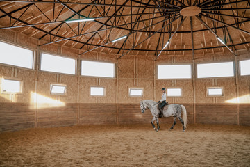 Rider riding dapple gray horse in round arena