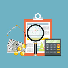 Business and finance concept vector illustration in flat style design. financial graphs and charts.calculator, money, paper sheet