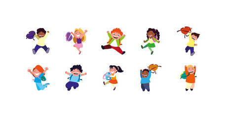 Isolated set of boys and girls cartoons with school bags vector design