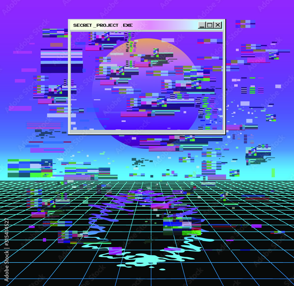 Poster fantasy virtual reality retrofuturistic cyberlandscape of arcade video game with neon 3d laser grid.