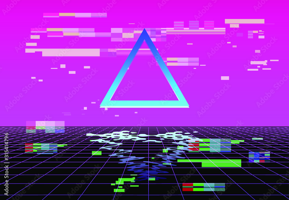 Poster fantasy sci-fi virtual reality retrofuturistic cyber landscape of arcade video game with neon 3d las