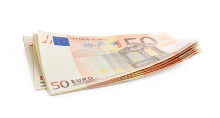 Euro banknotes on white background. Money and finance