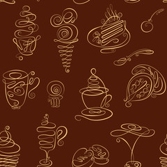Seamless monochrome pattern with Hand drawn line art doodles with coffee, tea, latte, cappuccino, cakes, dessert, chocolate, sweets, cake, ice cream for your design