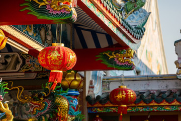 Fototapeta premium red lantern decoration for Chinese New Year Festival at Chinese shrine Ancient chinese art with the Chinese alphabet Blessings written on it Is a Fortune blessing compliment,Is a public place Thailand