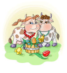 vector illustration bull in love congratulates the cow with flowers,family cherful