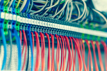 Industrial background. Cycle, installation. Terminal blocks for electrical connection and earthing...