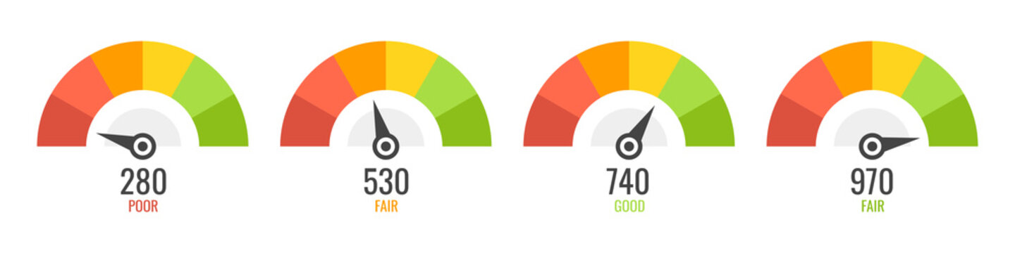Credit score indicators with color levels from poor to good. Credit score meter set. Vector illustration.