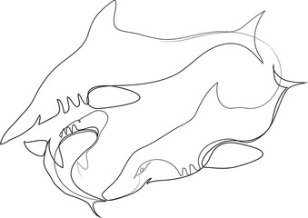 Obraz premium One continuous line drawing of wild shark in the sea. Simple line art drawing of wildlife in the ocean.