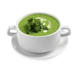 Tasty kale soup with cream isolated on white