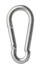 Metal Carabiner isolated on white background. Close up.