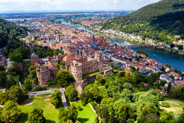 Germany, Baden-Wurttemberg, Aerial view of Heidelberg with castle and river Neckar