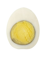 Section of a hard boiled egg isolated white background. Close up.