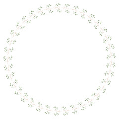 Round frame of horizontal elegant  leaves and decorative elements. Isolated nature frame on white background for your design.
