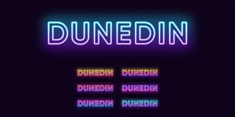 Neon Dunedin name, city in New Zealand. Neon text of Dunedin city