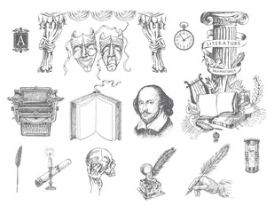 Literature and theater hand drawn vector set. Inkwell, writing tools, pens, books, ancient manuscripts, typewriter, antique column, theater curtain, masks of drama and comedy. Engraving - obrazy, fototapety, plakaty