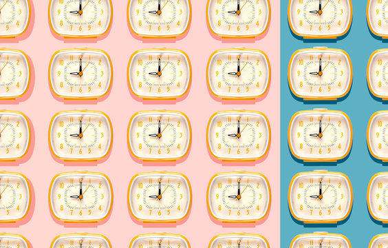 3D Illustration, row of yellow alarm clocks at nine o'clock pattern on indigo blue and pink background