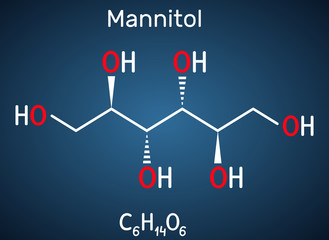 Mannitol, sugar alcohol, a sorbitol isomer molecule. It is used as a sweetener and medication. Structural chemical formula on the dark blue background