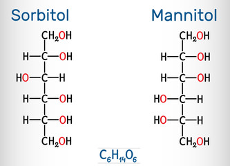 Sorbitol and mannitol molecule, are isomers, are two types of sugar alcohols used as sweeteners. Structural chemical formula and molecule model