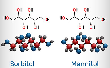Sorbitol and mannitol molecule, are isomers, are two types of sugar alcohols used as sweeteners. Structural chemical formula and molecule model