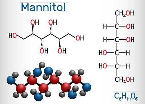 Mannitol, sugar alcohol, a sorbitol isomer molecule. It is used as a sweetener and medication. Structural chemical formula and molecule model