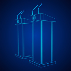 Speaker Podium. White Tribune Rostrum Stand with Microphones. Debate, press conference concept. Wireframe low poly mesh vector illustration