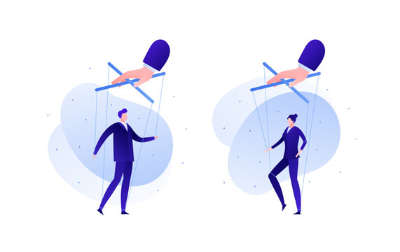 Business manipulation concept. Vector flat business person illustration. Set hand holding male and female people in suit on strings. Design element for banner, background, infographic.