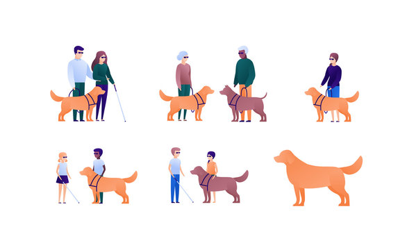 Blind people family with assistance dog concept. Vector flat person illustration set. Collection of people of different nationality and age. Design element for banner, poster. background, infographic.