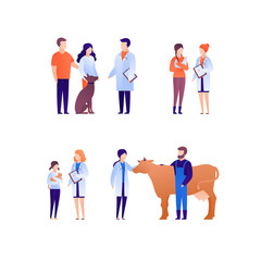 Doctor and patient veterinary concept. Vector flat medical person illustration set. People with animal pet on checkup. Dog, cat and cow. Design element for banner, poster.