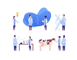 Scientist team concept. Vector flat science person illustration set. Collection of isolated different specialisation people. Brainstorm of genetic dna research. Design element for banner, poster.