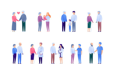 Doctor and patient support for senior people and family concept. Vector flat medical person illustration set. Collection of people character. Grandparents with baby. Design element for banner, poster.