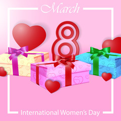 8 March. International Women's Day. Happy Mother's Day design concept celebration with gift box and heart shapes on beauty pink background for use element poster, cover, banner, greeting card