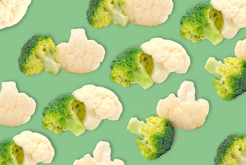 Fresh ripe broccoli piece and cauliflower cabbage.