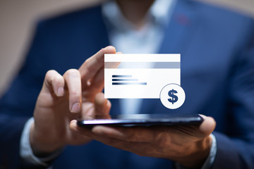 man hand phone with credit card icon in screen