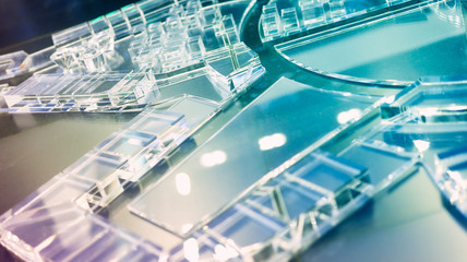 Soft focused Abstract macro shot on glass cubes pattern for the concept of futuristic data or order and system workflows