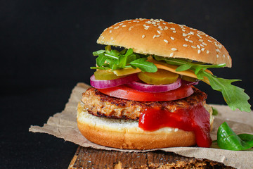 burger meat cutlet beef steak, tomato, sauce and lettuce (tasty meat snack sandwich) menu concept. food background. top view. copy space